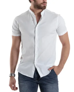 Camicia Uomo Maniche Corte Con Collo Alla Coreana Colletto A Pistagna Slim Fit Cotone Elastico Basic Tinta Unita Bianco GIOSAL-C